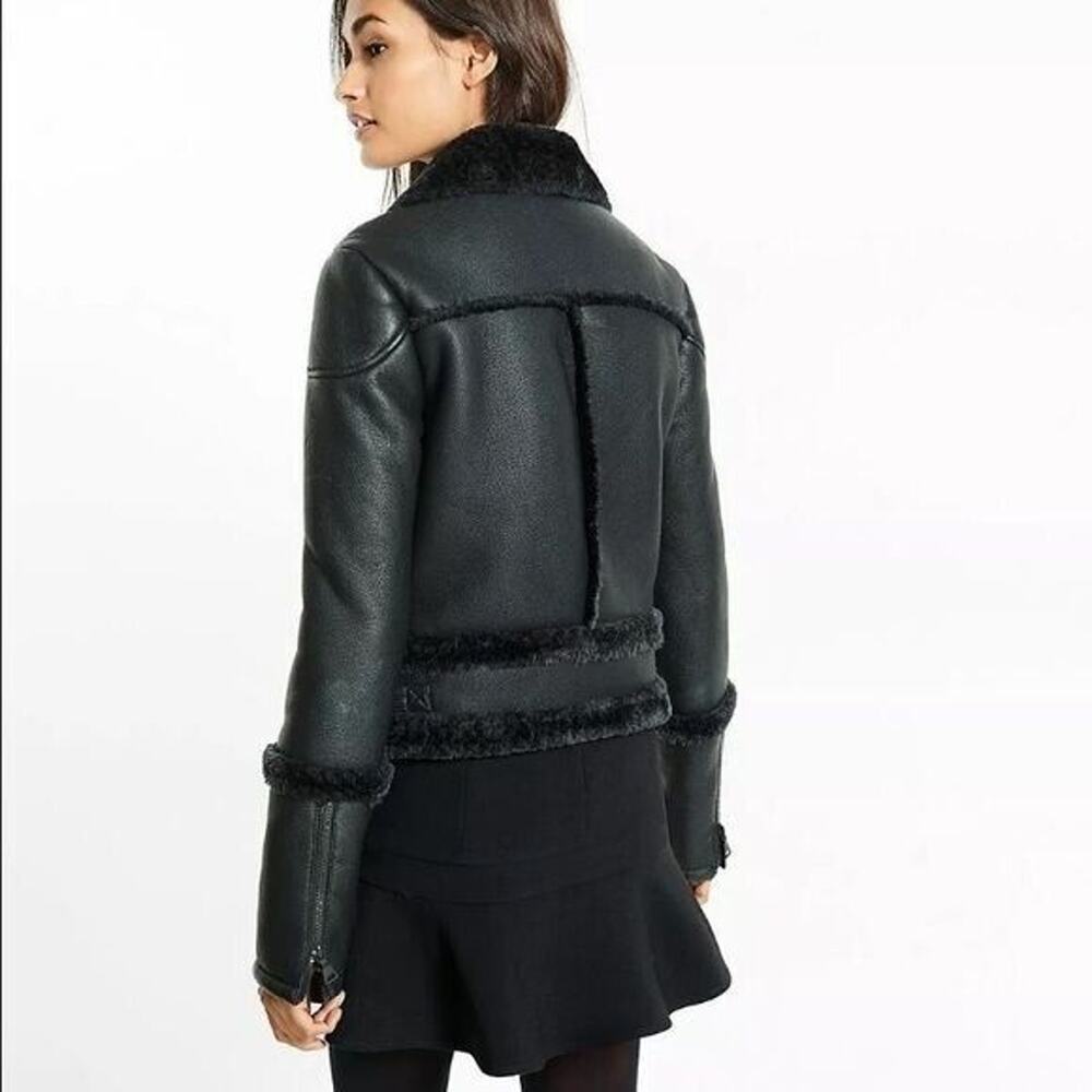 NEW Express black faux fur shearling Moto coat Sz XS Faux Leather Zipper chic - Picture 2 of 7